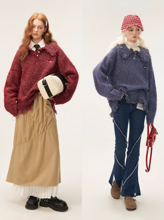 MAMC - Fringed Marled Polo Knit Sweater