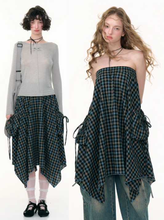 ZiziFei - Asymmetric Blue Plaid Midi Skirt – Vintage High-Waist Drawstring Hem Skirt