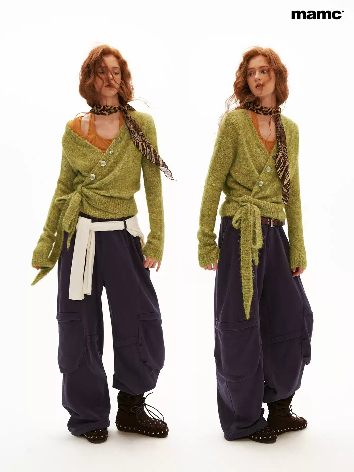 MAMC - Green Textured Cross-Tie Waist Knit Sweater