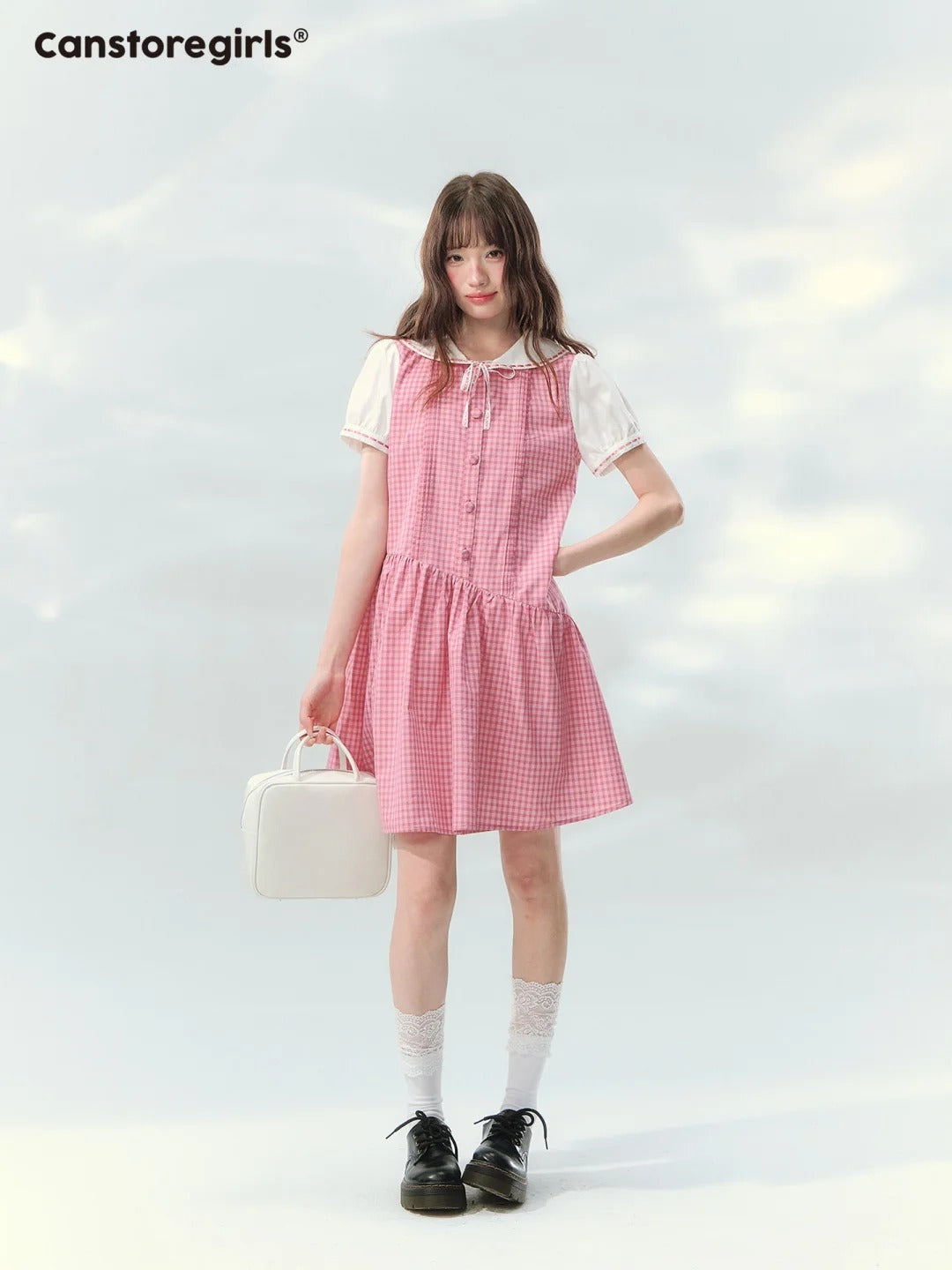 “Peach Plaid Academy” Pink Plaid Peter Pan Dress LL2026152