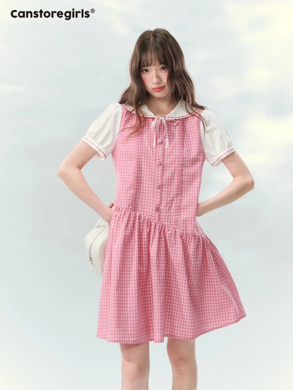 “Peach Plaid Academy” Pink Plaid Peter Pan Dress LL2026152