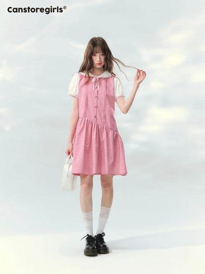 “Peach Plaid Academy” Pink Plaid Peter Pan Dress LL2026152
