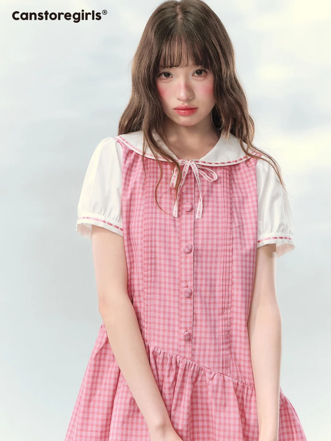 “Peach Plaid Academy” Pink Plaid Peter Pan Dress LL2026152