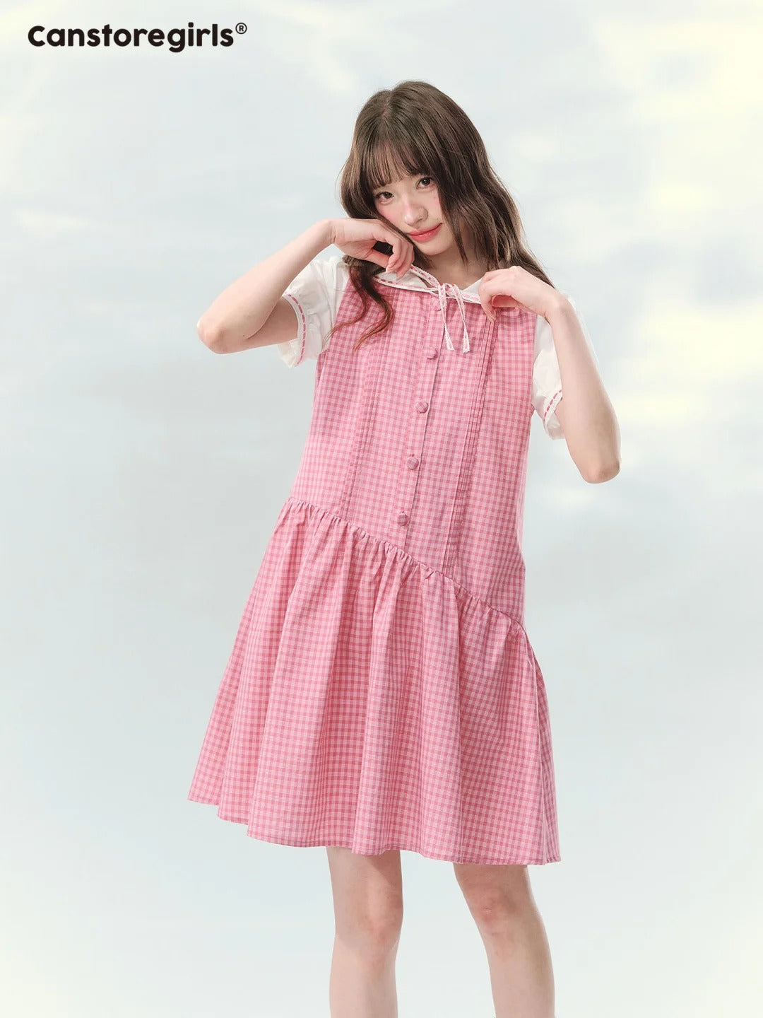 “Peach Plaid Academy” Pink Plaid Peter Pan Dress LL2026152