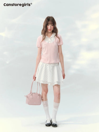 “Milk Candy Academy” Pink Polka Dot Collar Skirt Set LL2026148