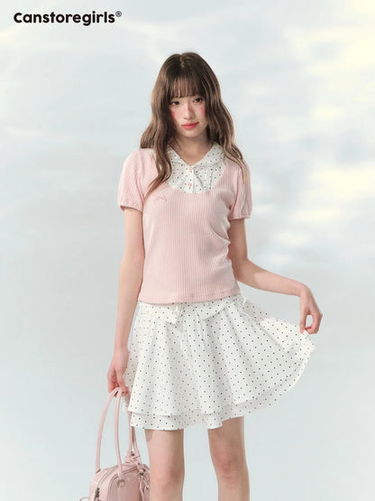 “Milk Candy Academy” Pink Polka Dot Collar Skirt Set LL2026148
