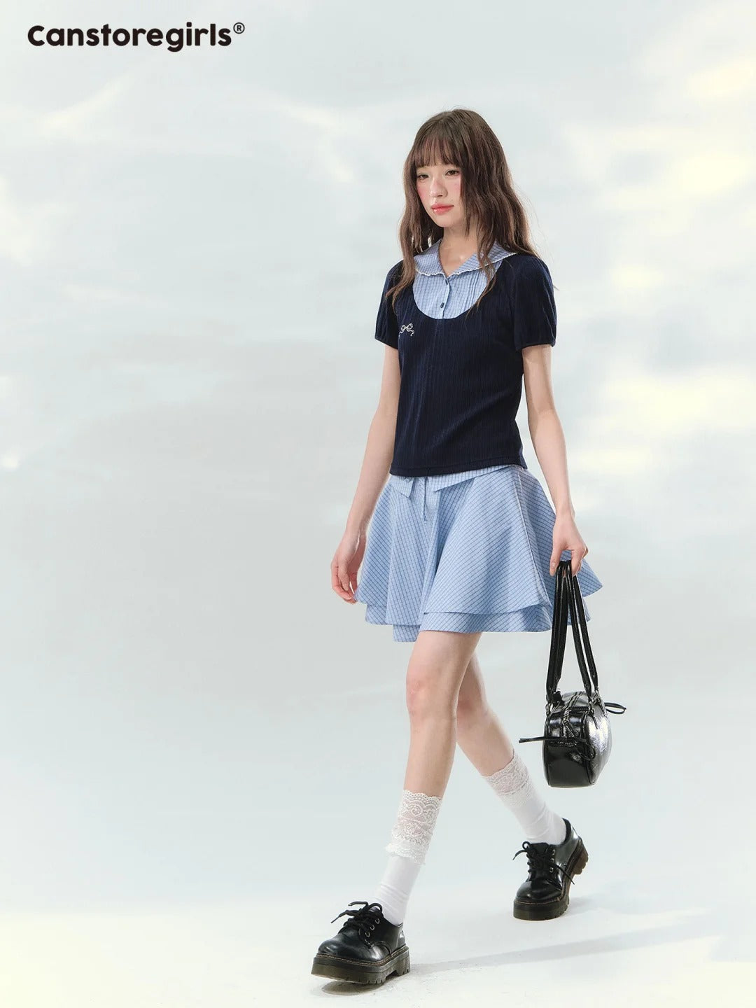 “Milk Candy Academy” Navy Plaid Collar Skirt Set LL2026147