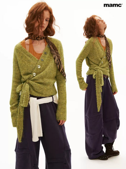 MAMC - Green Textured Cross-Tie Waist Knit Sweater
